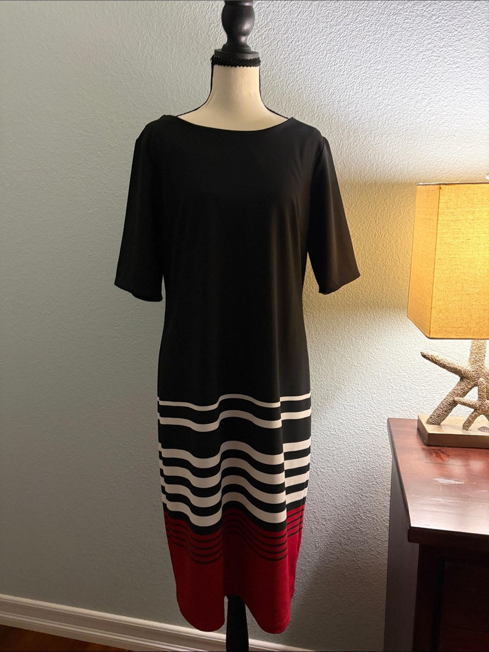 Black Knit Midi Dress with White Stripes and Red Hem